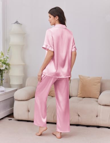 Image of Ekouaer Silk Satin Pajamas for Women Set 2 Piece Short Sleeve Button Up Pjs