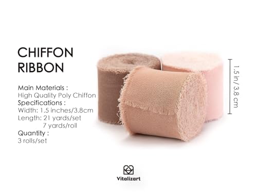 Vitalizart Chiffon Ribbon 3 Rolls 1.5'' x 7 Yd Dusty Pink & Brown - Image 2