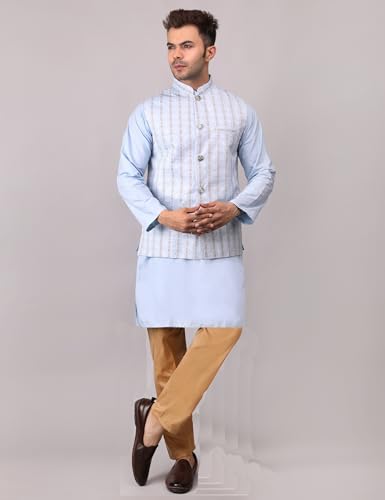 Image of Men's Cotton Silk Blend Regular Kurta Pyjama, Embroidered Nehru Jacket /Waistcoat Set