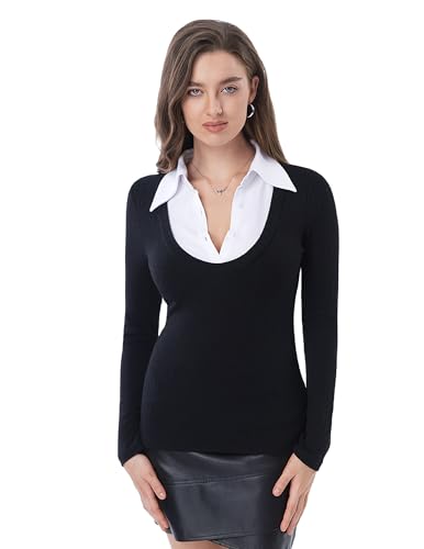 AmélieBoutik Women Office Lady Faux Shirt 2 in 1 Style Long Sleeve Pullover Blouse Button Up Top3