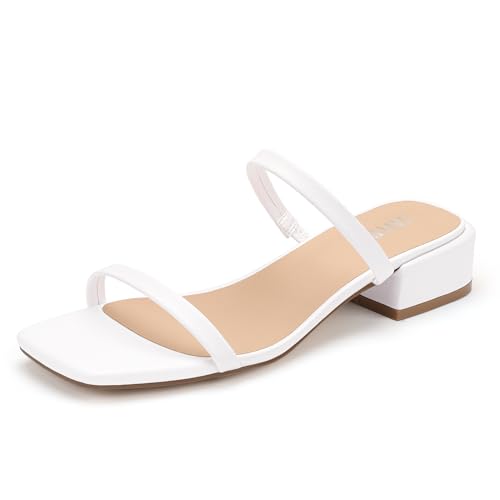 IDIFU White Square Toe Heeled Sandals Low Block Chunky Slides Two-Strap Slip On Mules Heels Dressy Trendy Classy Fashion Wedding Graduation Prom Bridal Spring Dress Shoes for Women(White Pu, 8)