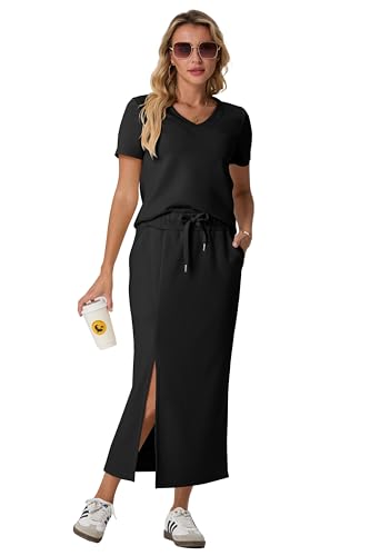Image of GRECERELLE Women Summer Casual 2 Piece Sets V-Neck Wrinkle-Free Top & Elastic Waist Midi Side Slit Skirt with Pockets