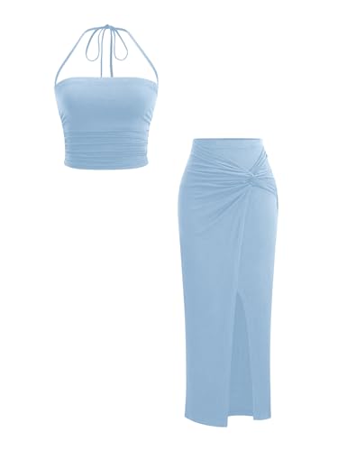 Verdusa Womens 2 Piece Vacation Outfits Ruched Crop Halter Top with Asymmetrical Slit Long Skirt Going Out Sets Light Blue Medium
