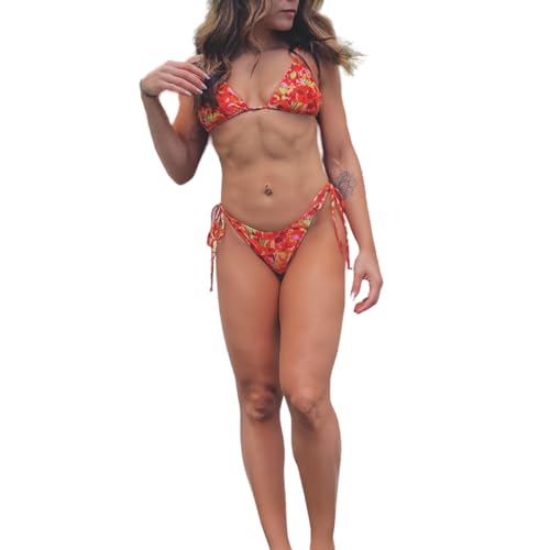 Women's Floral Print Triangle Bikini Swimsuit, Adjustable Tie String Sides, tie-Back Design, Two-Piece Swimwear Set. (US, Alpha, Small, Regular, Regular, Standard, Floral)