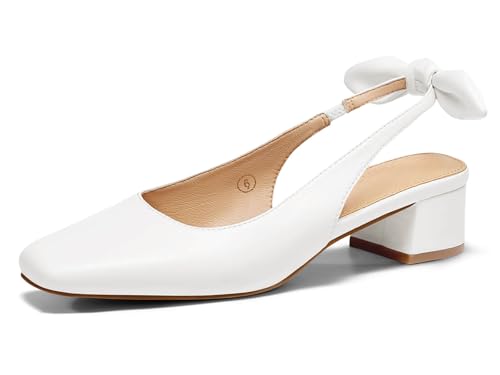Image of Coutgo Womens Chunky Low Heels Bow Slingback Pumps Closed Square Toe Wedding Party Dress Shoes