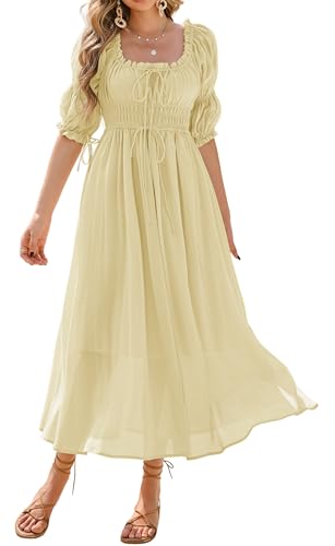 Women's Summer Square Neck Elastic Empire Waist Midi Dress, Light Yellow, S