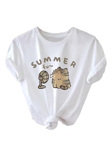 SweatyRocks Girl's Summer Letter Cat Graphic Tshirts Short Sleeve Crew Neck Casual T Shirt Tops