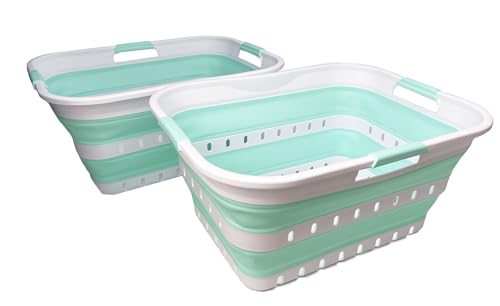 Image of SAMMART 42L (11 gallons) Set of 2 Plastic Foldable Storage Basket /Container - Collapsible, Space Saving and Portable Laundry Hamper, Ideal for Home, Travel, Dorm (2, White /Light Green)