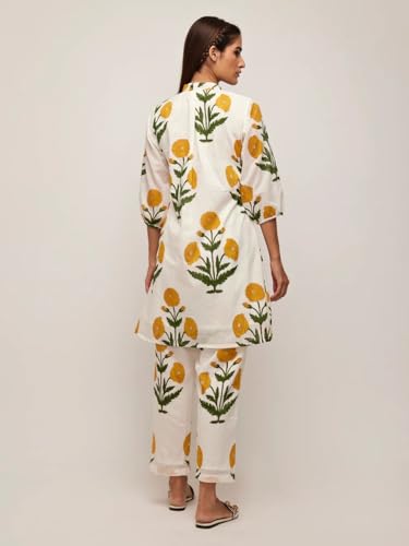 Image of Leriya Fashion White Kurti Set for Women | V-Neck Straight Kurta Sets for Woman | Summer Co ord Set For Women Stylish | Ethnic Kurtis for Office Outfit | Floral Printed Kurtis 3 /4 Sleeve
