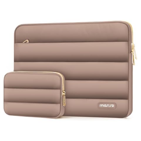 MOSISO 13-14 inch Laptop Case, 13.3 inch Puffy Laptop Sleeve Compatible with MacBook Air 13 13.6 M3 M2 M1/Pro 13/Pro 14, HP, Dell, ASUS, Lenovo, Polyester Horizontal Bag with Small Case, Brown Cover
