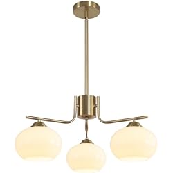 KCO Mid Century Modern 3-Light White Milk Glass Globe Sputnik Chandeliers | 7.1” Shade, Adjustable Height, Brushed Brass Gold Ceiling Pendant Light Fixture for Sloped Ceiling Dining Room Kitchen Foyer