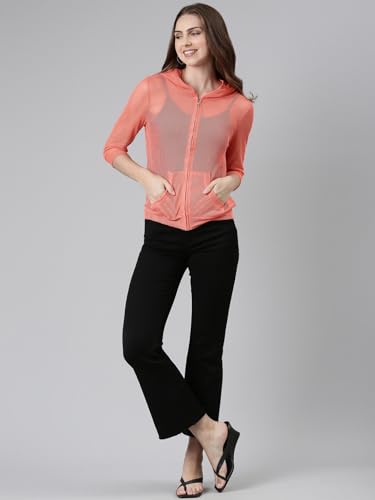 Image of SHOWOFFFF Women Solid Front-Open Jacket | Hooded Full Sleeves Net Jacket's for Womens | Coral Regular Fit Regular Length Jackets for Women's