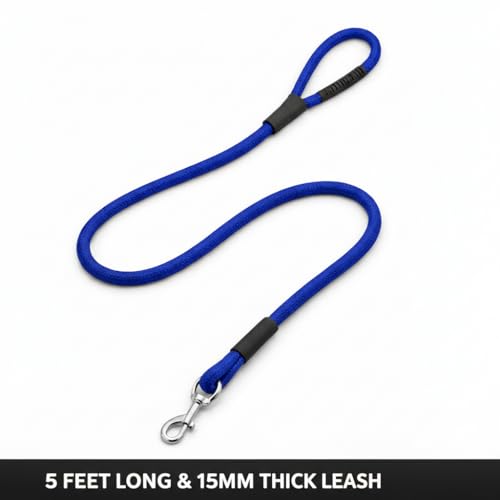 Image of Dog Leash for Large Dogs & Medium Dogs 5 Feet - Heavy Duty Nylon Rope 15mm Thick Leash with Anti Slip Rubber Handle - Tangle Free & Swivel Metal Clip (Blue)