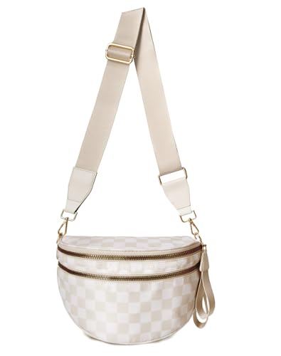 Checkered Crossbody Fanny Pack for Women - Large Capacity Belt Bag Sling Bag with Adjustable Straps, Durable & Stylish for Travel, Work & Moms (Off white grid)
