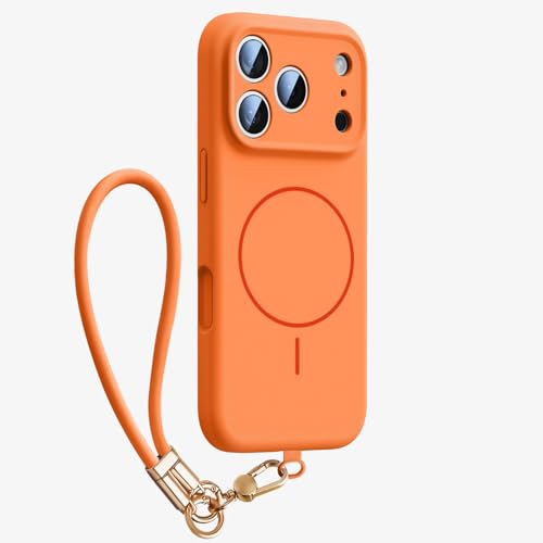 Coque silicone liquide pour iPhone 17 Pro avec dragonne orange