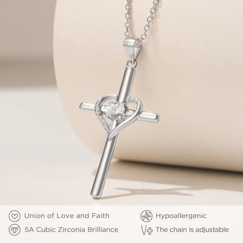 NORBU 925 Sterling Silver Cross Necklace for Women, Heart Cross Necklaces with 5A CZ Diamond, Womens' Religious Christian Jewelry Gift for Birthday Baptism Christmas2