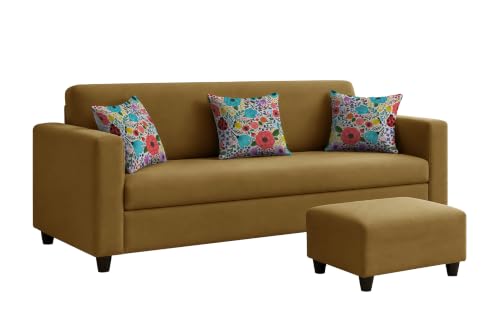Image of Rosebell 3 Seater Sofa with Ottoman | Living Room Couch | with Printed Cushions | Sofa for Home, Apartment & Office-Golden Color