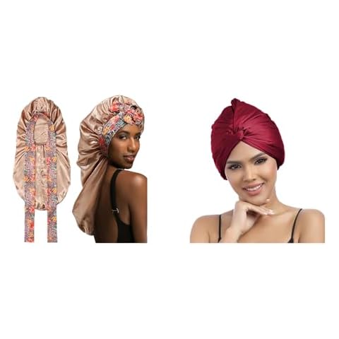 MBJERRY Champagne Long Satin Braids Bonnet and Burgundy Satin Bonnet for Sleeping with Knotted Cover