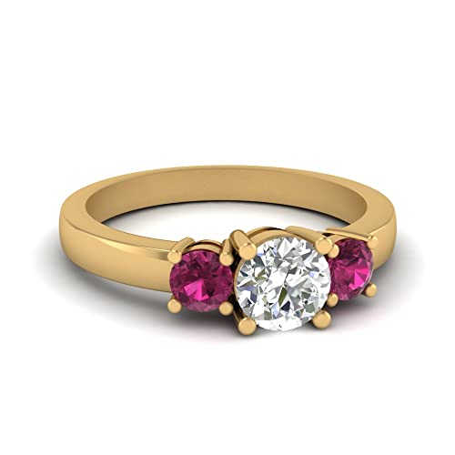 Image of 55Carat Choose Your Gemstone 3 Stone Round Diamond CZ Engagement Ring Yellow Gold Plated Round Shape 3 Stone Engagement Rings Minimal Modern Design Birthday Gift Wedding Gift US Size 4 to 12