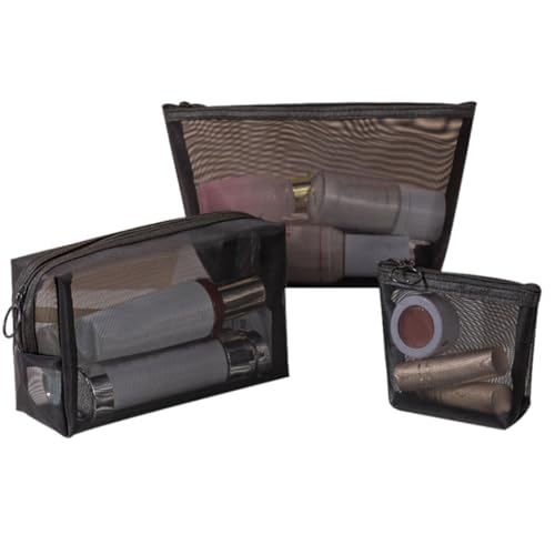 Beauty case da viaggio con cerniera set di 3 sacchetti per cosmetici in rete Nero Taglia unica