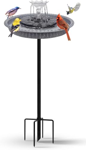 Bird Bath with Solar Fountain, Durable 5-Prong Base Solar Bird Bath with Stable Metal Stake,...