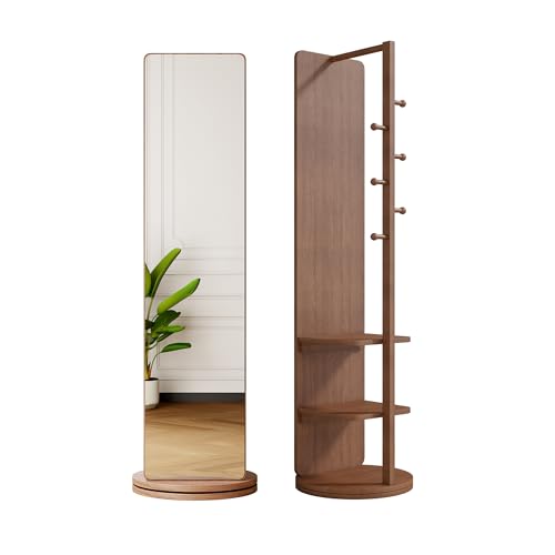 360 Rotating 66x17.8 Multifunctional Full Length Mirror with Hook Storage Rack Coat Rack with Mirror Solid Wood Floor Mirror Bedroom Living Room Cloakroom Space Saving (Walnut)