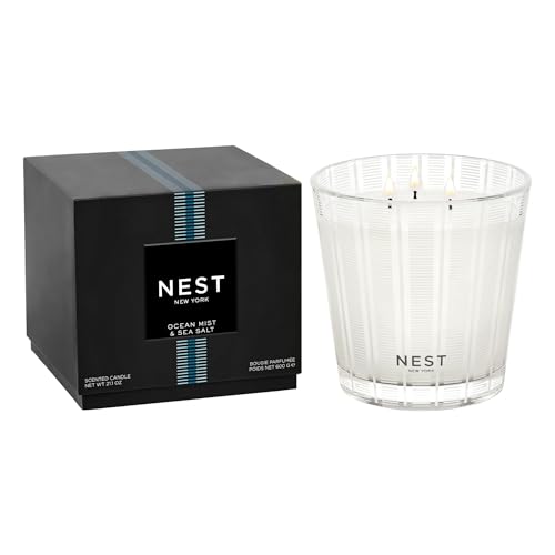 NEST New York Scented 3-Wick Candle, Ocean Mist & Sea Salt – 21.2 oz – Up to 100-Hour Burn Time – Reusable Glass Vessel