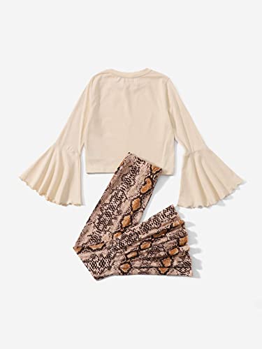 Image of WDIRARA Girl's 2 Piece Flounce Sleeve Top and Leopard Print Bell Leg Bottom Pants Set Multicolored 11-12Y