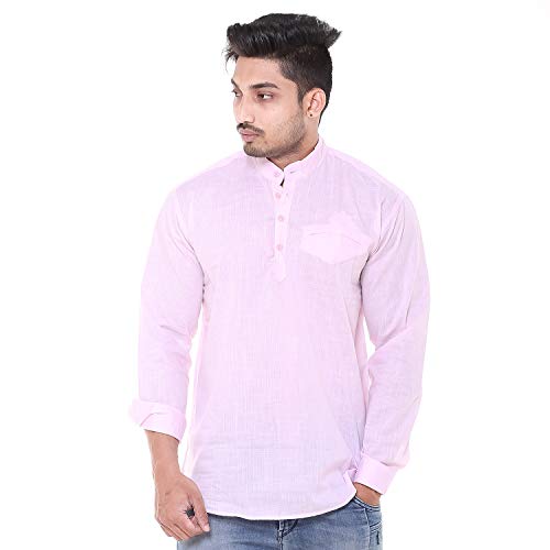 Image of Men's Linen Chinese Collar Full Sleeve Plus Size Short Kurta