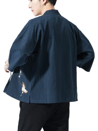 Image of Men's Japanese Kimono Cardigan Loose Cotton Linen 3 /4 Sleeve Open Front Casual Summer Shirt Jackets