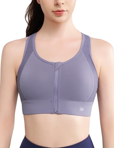 イベット スポーツブラ 揺れない 脇高 前開き 吸汗速乾 大きいサイズ ハイサポート 内蔵成型カップ ファスナー レディース スポーツブラジャー トレーニング ジム スポブラ パープル XL