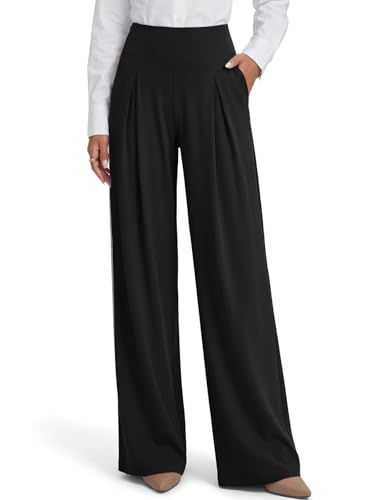 SOLUNSO High Waisted Wide Leg Dress Pants for Women with Pockets Loose Fit Casual Lounge Trousers with Pleated Front Comfortable Stretch for Work