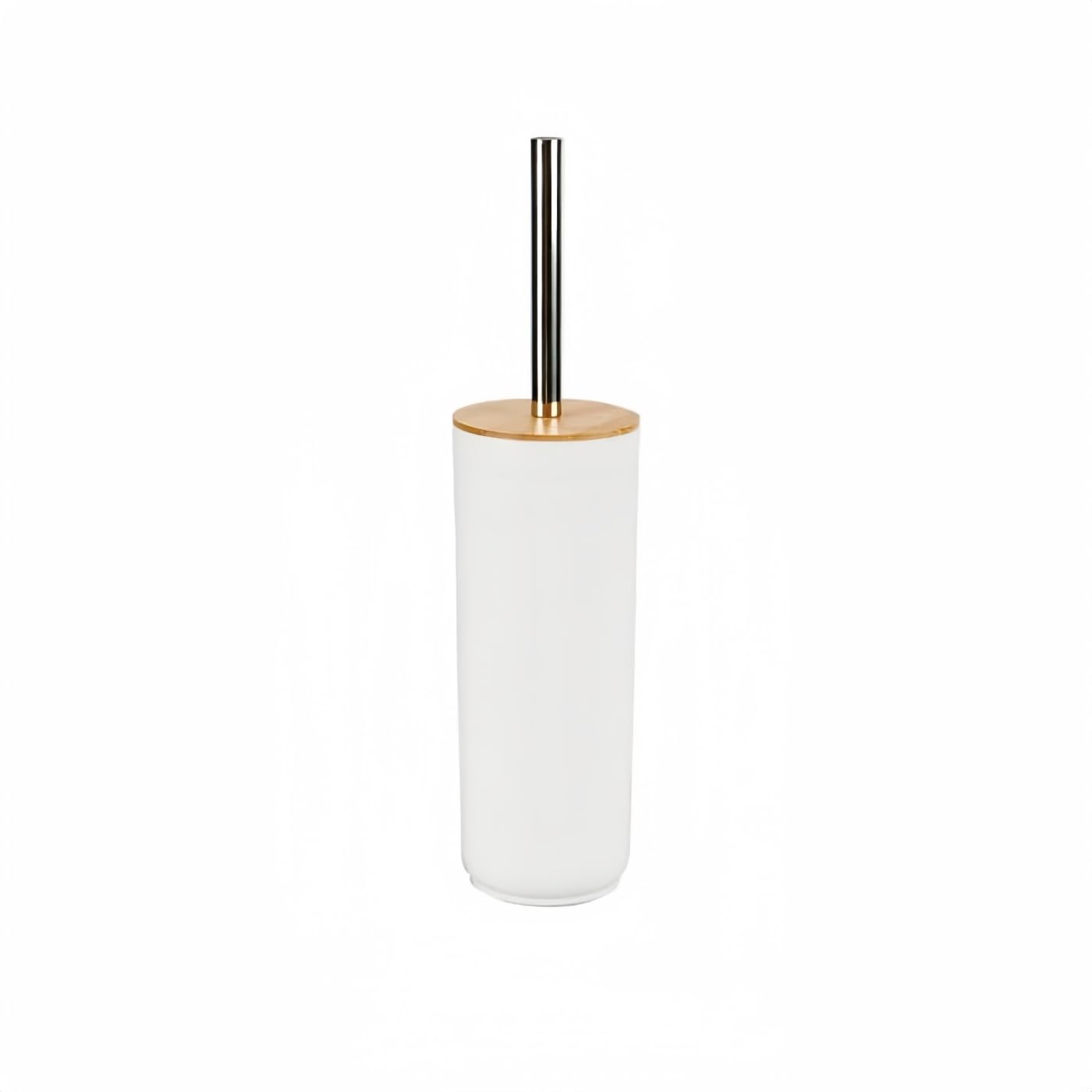 DAMDAM GO - Escobillero Plastico Blanco Palo Acero INOX Tapa Bambu 9,5x40 cm