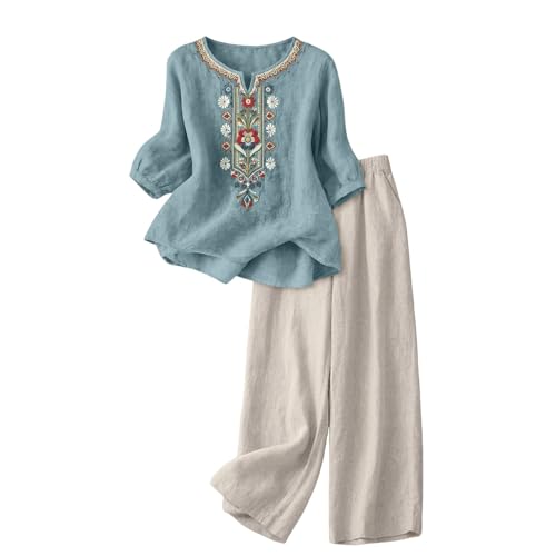 riou Conjunto Mujer Verano 2 Piezas Original Moda Algodon y Lino Traje de Primavera Ligero Chándal Blusa Manga 3/4 Pantalones Ropa de Playa Vacaciones Deportivo Casa Trabajo M-3XL