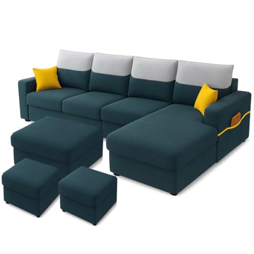 Image of Furny Tokiaa 8 Seater Fabric RHS L Shape Sofa Set with 1 Centre Table & 2 Puffy (Greenish Teal) | Soft Velvet Fabric | Modern Design | Comfortable Seating | Living Room Furniture