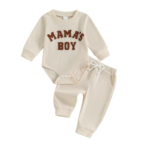 Image of Douhoow Baby Boy Clothes Letters Embroidered Baby Sweatshirt Romper Waffle Pants Set Infant Boy Fall Winter Outfits