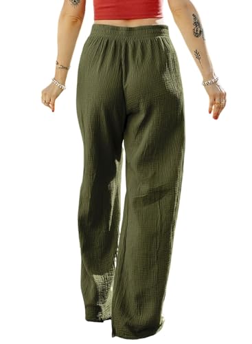 MARZXIN Women Linen Palazzo Wide Leg Pants Casual High Waist Stretchy Fall Loose Long Pants Trousers with Pockets4