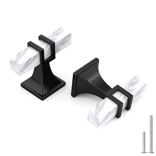 Haliwu 10 Pack White Marble Grain Cabinet Knobs, 2 Tone T-bar Black Kitchen Handles, Solid Square Dresser and Drawer Pulls