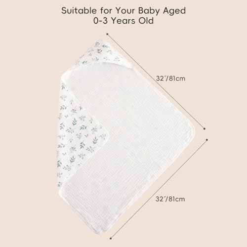 Image of PHF 100% Muslin Cotton Baby Hooded Towels, 2 Pack Bath Towel with Hood for Newborn, Infant, Toddler, Ultra Soft and Absorbent Baby Bath Essentials, Shower Gifts for Boys Girls, 32x32Inch, Leaf