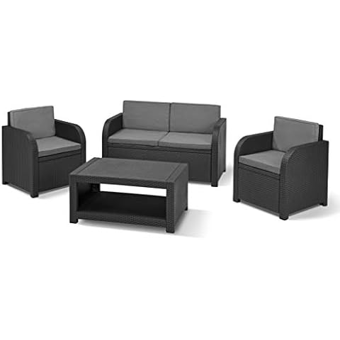 Allibert by Keter Modena Gartenmöbel Set aus Kunststoff, inkl. Sitzkissen, grau, 4-teilig, 2 Sessel, Sofa & Tisch, für Garten, Balkon & Terrasse, Flache Rattanoptik Cover