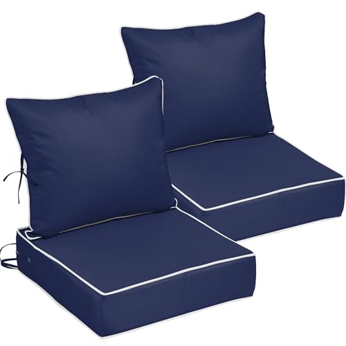 Image of 22x24 Outdoor Chair Cushions Set of 2, Waterproof Deep Seat Cushions for Patio Furniture with Removable Cover, Fade Resistant 4'' Outdoor Seat Cushion w /Ties&Handle for Sofa Loveseat,Navy+Piping