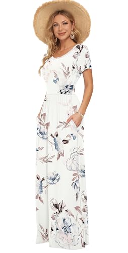 Image of AUSELILY Women's Summer Short Sleeve Loose Plain Casual Long Maxi Dresses | Year Round wear solid floral print, Casual wear, Empire waist, Floor length, Side pockets