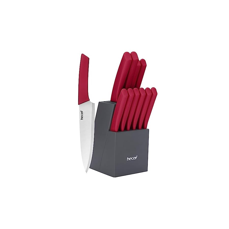 hecef-Kitchen-Knife-Block-Set-12-Pieces-Knife-Set-with-Wooden-Block-Steak-Knives-Set-Lightweight-and-Strong-High-Carbon-Stainless-Steel-Cutlery-Set-Extended-Handle-Design hecef Kitchen Knife Block Set, 12 Pieces Knife Set with Wooden Block & Steak Knives Set, Lightweight and Strong High Carbon Stainless Steel Cutlery Set, Extended Handle Design