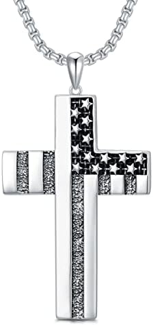 CEKAMA American Flag Cross Necklace for Men Sterling Silver Patriotic Cross Pendant Religious Jewelry