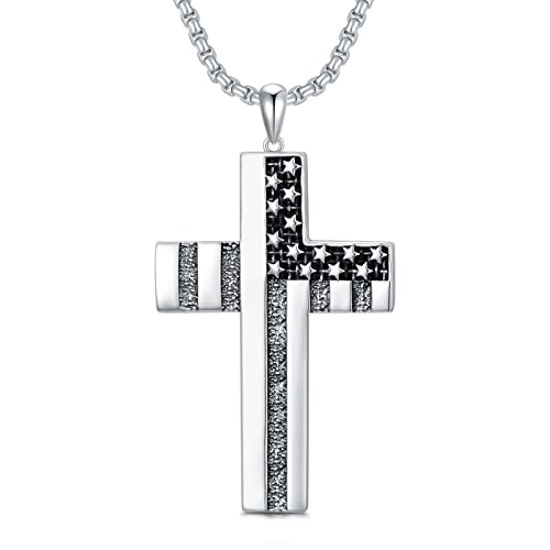Cekama American Flag Cross Necklace For Men Sterling Silver Patriotic Cross Pendant Religious Jewelry #TOP22