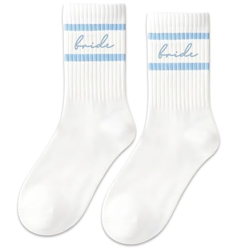 Bridal Combed Cotton Socks for Bachelorette Party, White + Blue Socks for Women Bride To Be Gift