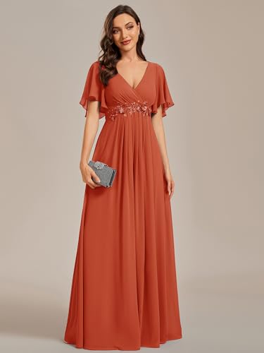 Image of Ever-Pretty Womens V Neck Applique Mother of the Bride Dresses Formal Dress | Chiffon, Short Sleeves, Ruched, A-Line, Bridesmaid Dresses, Formal Gown, Black Tie Dress