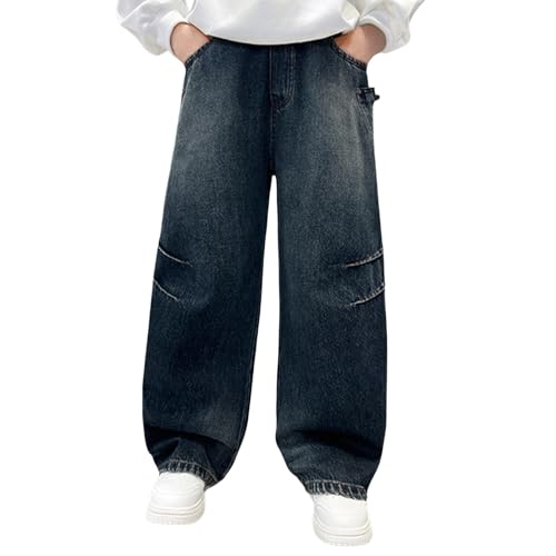 Boys Baggy Jeans Retro Cargo Wide Leg Denim Pants Kids Toddler Straight Elastic Waist Streetwear Jeans with Pockets