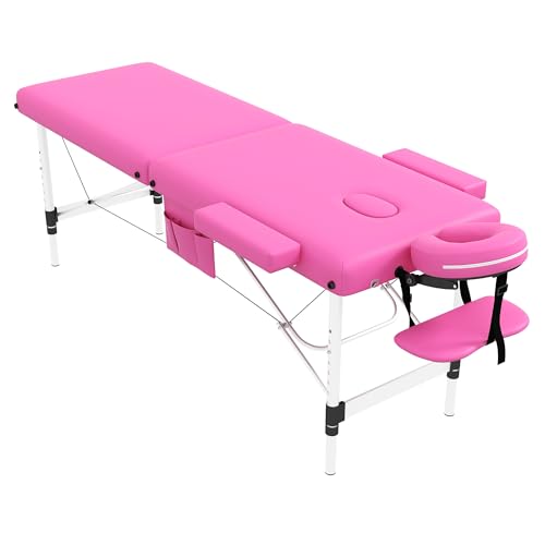 civama Massage Table Massage Bed Portable 26 LBs Light Weight Foldable Tattoo Facial Care Spa Lash Bed Aluminum Frame with Accessories Carrying Bag Pink