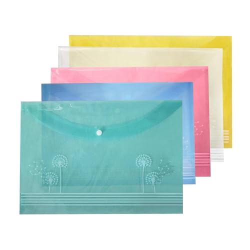 Image of Shuban Document File Folders with Snap Button Closure, Waterproof Plastic Envelope Pouches for Letter /A4 Size Paper, Assorted Transparent Colors (Style-2-Floral Dandelion Design Folder-5Pcs-Mix Color)